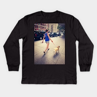 Girl Dog Street City Upper West Side Manhattan, NYC Kids Long Sleeve T-Shirt